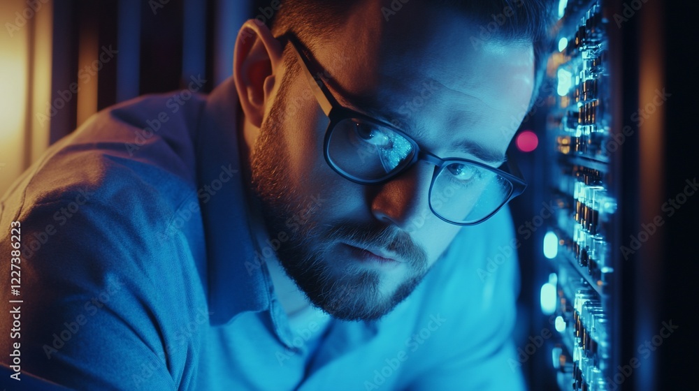 Poster close up of a man with glasses working with server hardware illuminated in blue