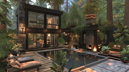 Fototapeta premium Modern cabin retreat in a serene forest setting with a tranquil pool and lush greenery