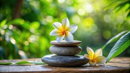 Obraz premium A beautifully crafted Zen stone adorns the pedestal of a stunning frangipani flower arrangement, radiating serenity and balance amidst lush greenery, balance, greenery
