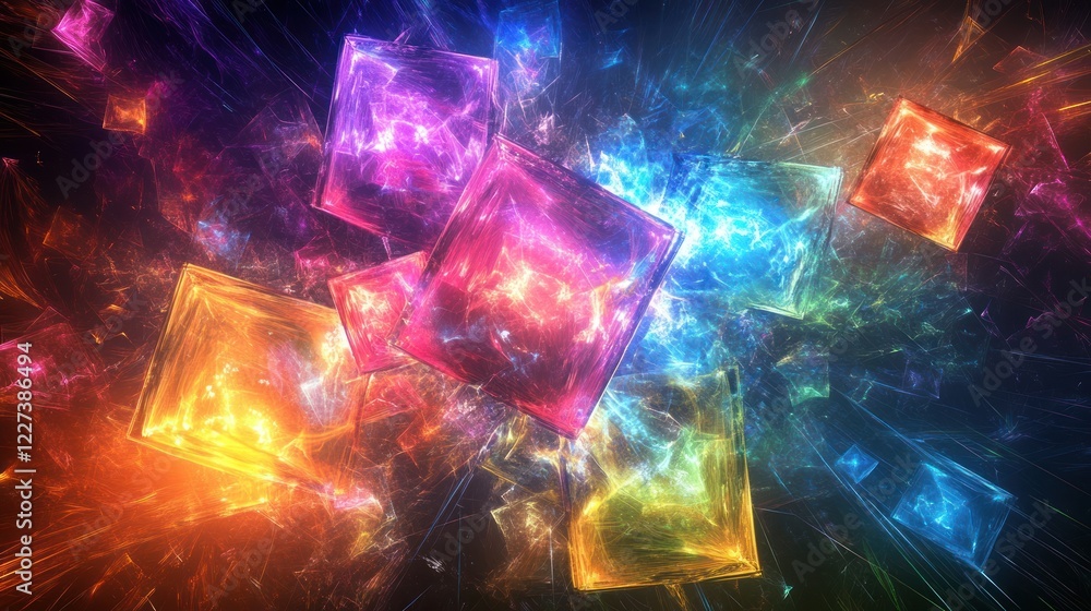 Poster multicolored cubes floating in a bright explosion of light. background is dark, for tech marketing