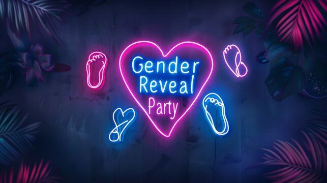 Neon heart gender reveal party sign glowing with baby footprints in blue and pink - Powered by Adobe