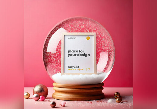 Poster Frame Mockup Inside Snowball Glass with Christmas Balls