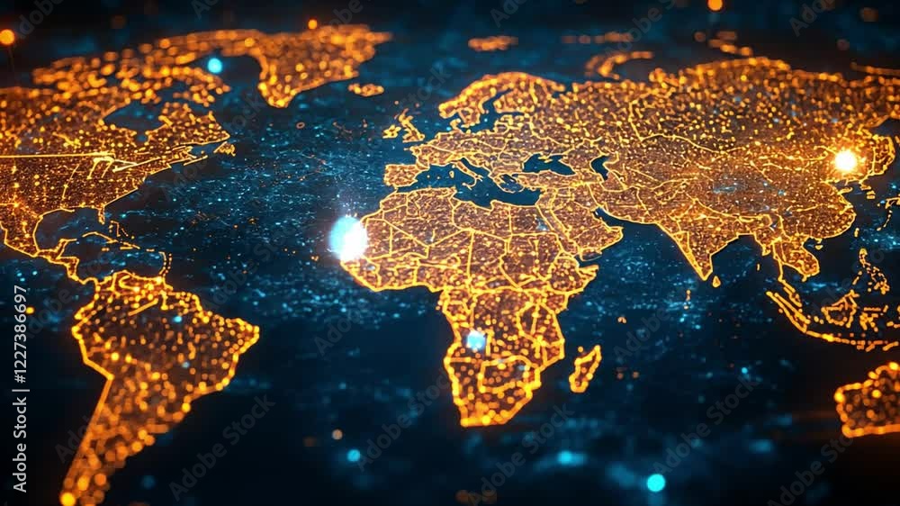Poster a glowing world map illuminated by network connections showcasing global data interactions
