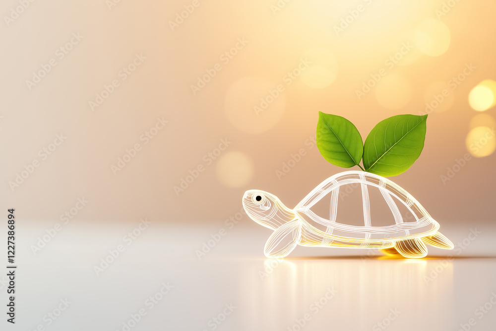Poster a simple turtle outline rests on a surface, adorned with a small green leaf on its shell