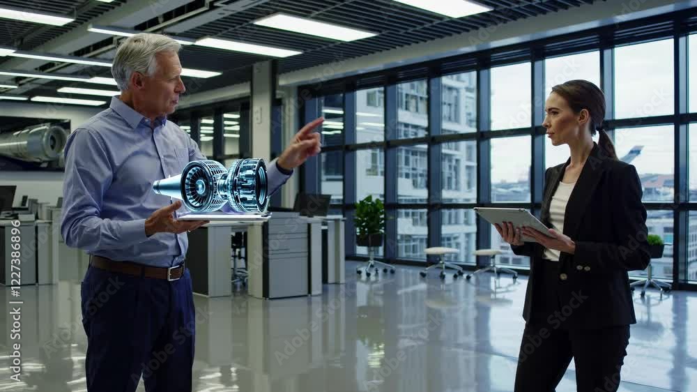 Aufkleber engineers discuss cutting-edge technology in modern office space during working hours