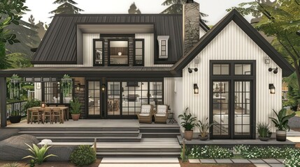 Obraz premium Modern two-story house with large windows, surrounded by greenery and outdoor seating area