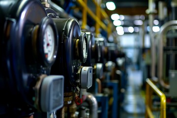 Industrial pressure gauges measuring pressure with blurred factory background