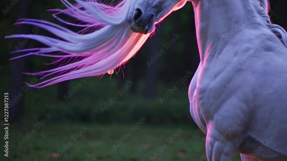 Poster majestic white unicorn with a long. flowing pink mane and tail stands proudly in a dimly lit forest.