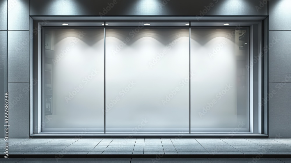 Poster serene shop window with soft lighting and an inviting blank canvas for displays in a modern urban en