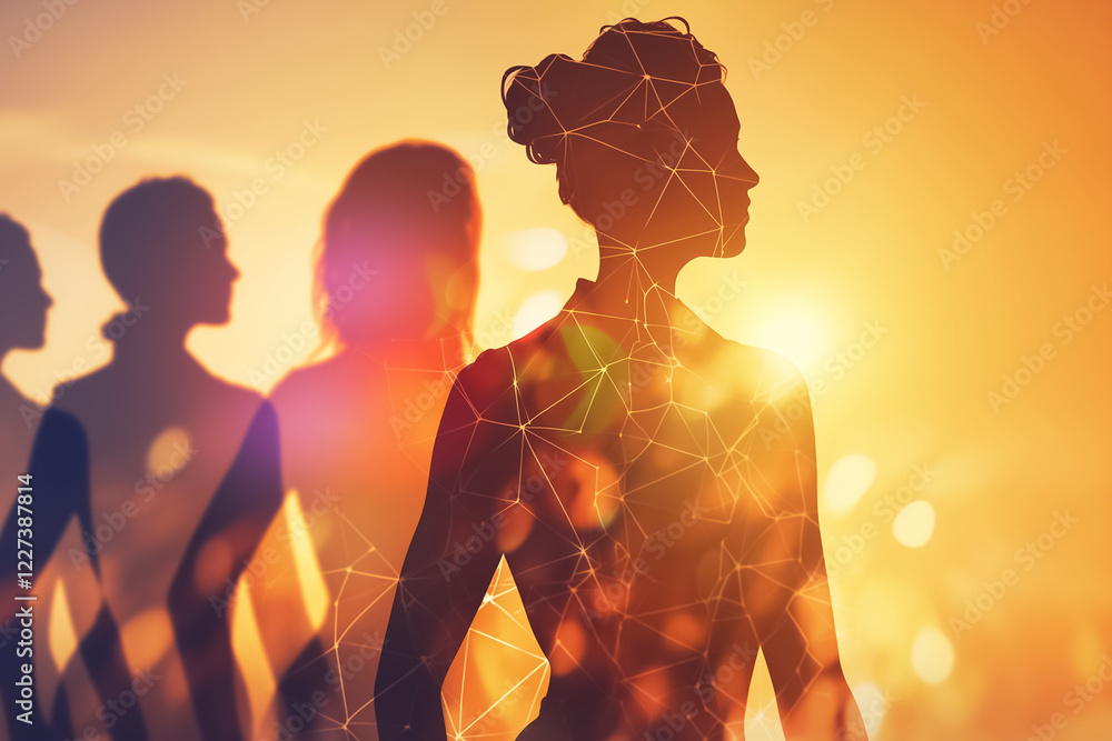 Poster silhouetted figures stand against a neutral backdrop, their simple outlines linked by delicate lines