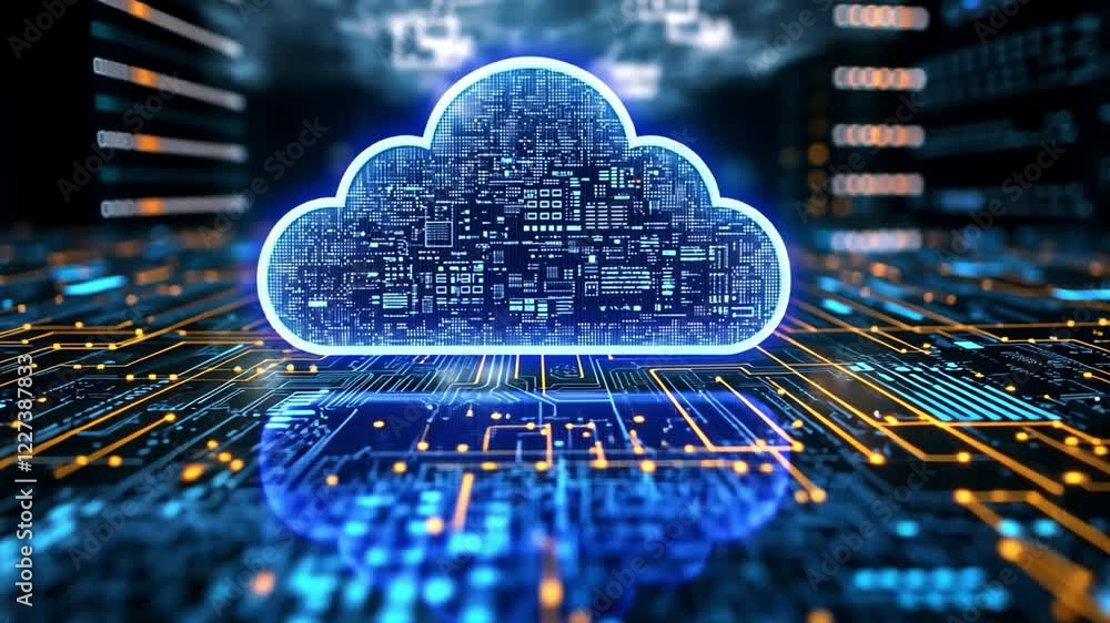 Poster digital cloud with data streams glowing against a futuristic server background at night