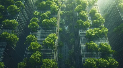 Obraz premium Lush greenery envelops modern skyscrapers, showcasing urban sustainability and nature integration