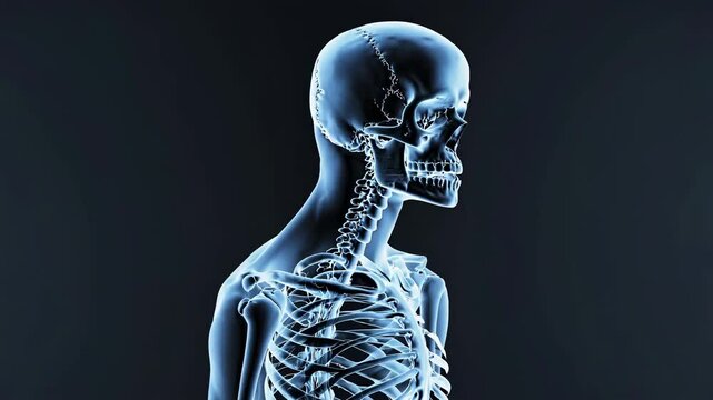 High-resolution visualization of the human skeletal system, showcasing the skull, spine, and ribcage. Perfect for educational purposes, medical studies, and anatomical references