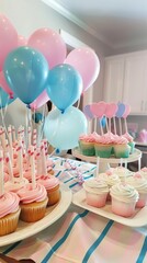 Pastel-themed baby shower with pink and blue balloons and cupcakes