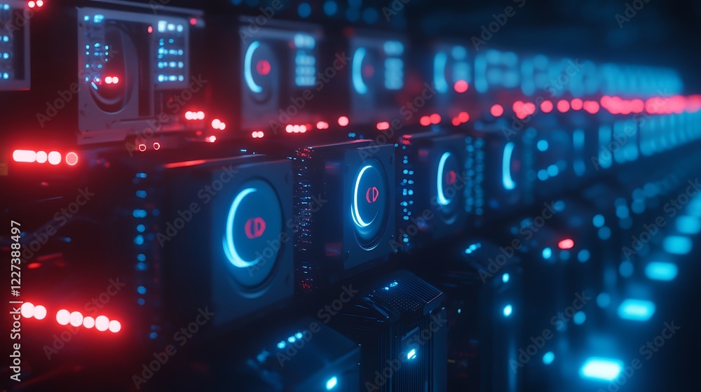 Poster A large crypto mining farm showcasing advanced technology and extensive equipment in a dynamic setting.