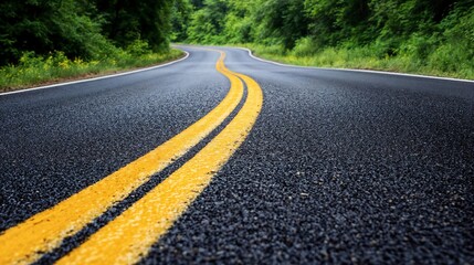 Curved highway through green forest. Perfect for road infrastructure, transportation routes and journey concepts