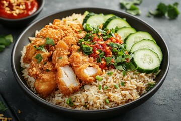Fototapeta premium Crispy chicken, rice, cucumber bowl