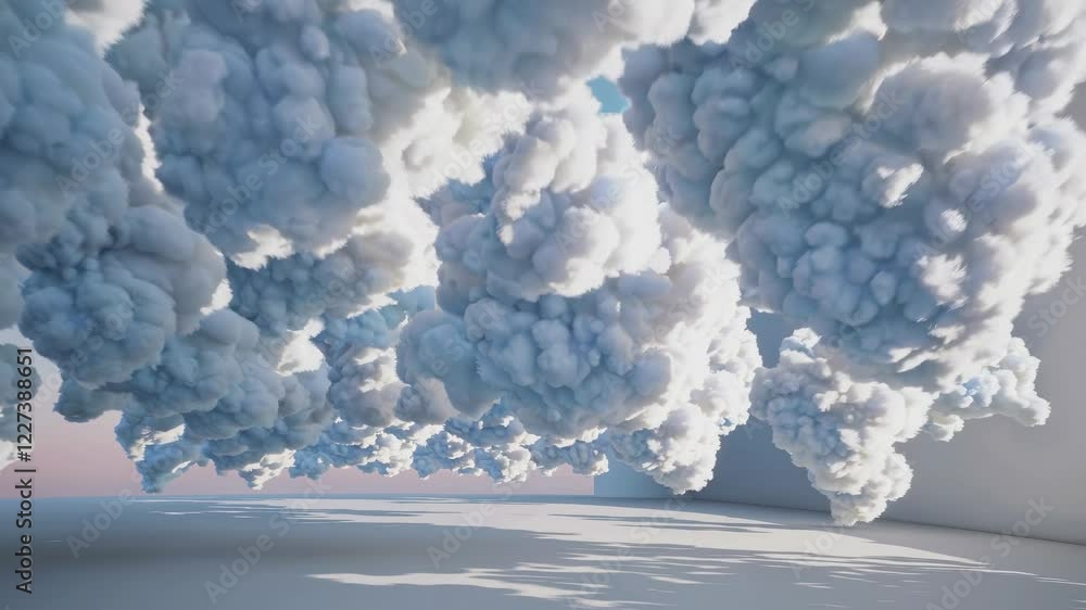 Aufkleber fluffy blue clouds floating in an empty room with a white floor and pink and gray walls, creating a 
