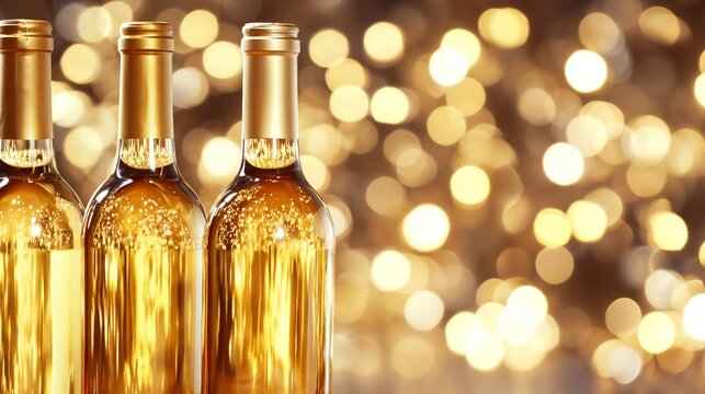 Wine bottles with golden bokeh background. Ideal for wine industry, beverage marketing and celebration themes
