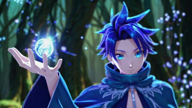 Young sorcerer with blue hair and a teal robe conjures a glowing magic orb in a mystical forest, surrounded by shimmering blue particles and an ethereal ambiance