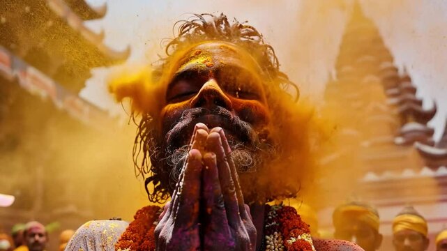Devotees immerse themselves in the vibrant celebration of Holi, adorned with colorful powders. Spirituality fills the air as prayers are offered amidst a lively temple backdrop.