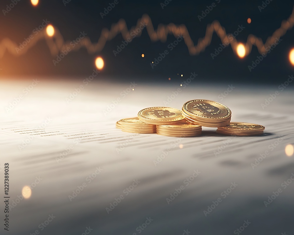 Poster a macro shot of golden coins being stacked on a flat surface, showcasing wealth and finance themes.