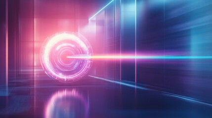 A straight arrow piercing through a floating glowing bullseye in a futuristic room, symbolizing precision and efficiency, vibrant lighting, professional marketing theme