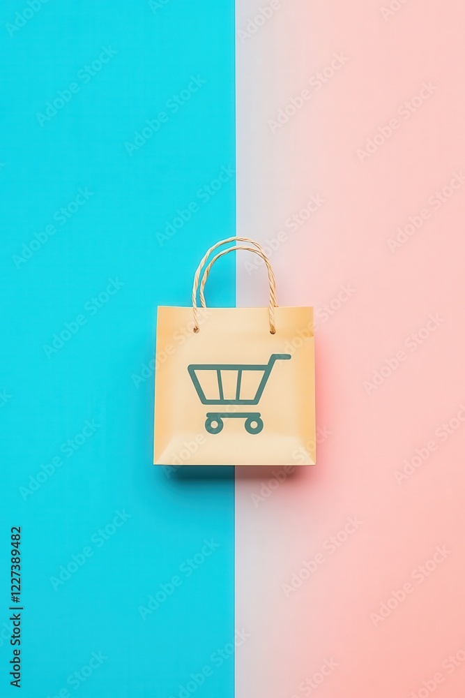 Poster a tiny paper shopping bag with a shopping cart symbol sits on a pastel backdrop, creating a calm and