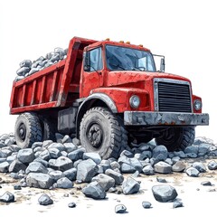 Dump Truck filled with stones isolated on white background. Dump Truck with stones. Heavy Machinery. Construction Vehicle loaded with stones. Dump Truck Design Element. Stone-filled Dump Truck.