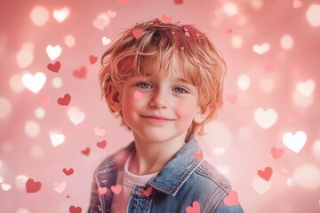 Fototapeta premium Smiling young caucasian boy surrounded by heart shapes