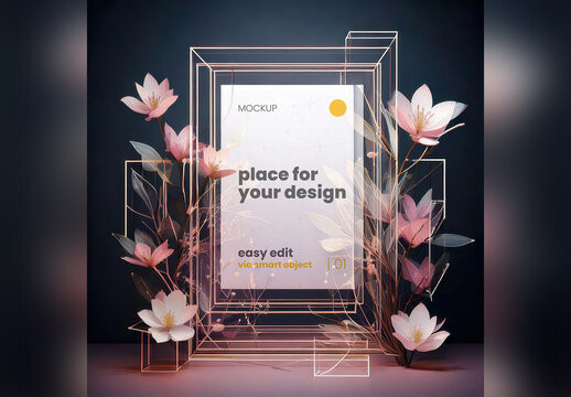 Poster Page Frame Mockup Lines Composition with Flowers