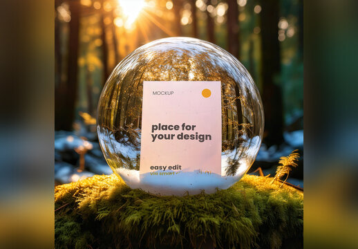 Poster Page Mockup inside Bubble Glass on the Woods Moss Morning Light