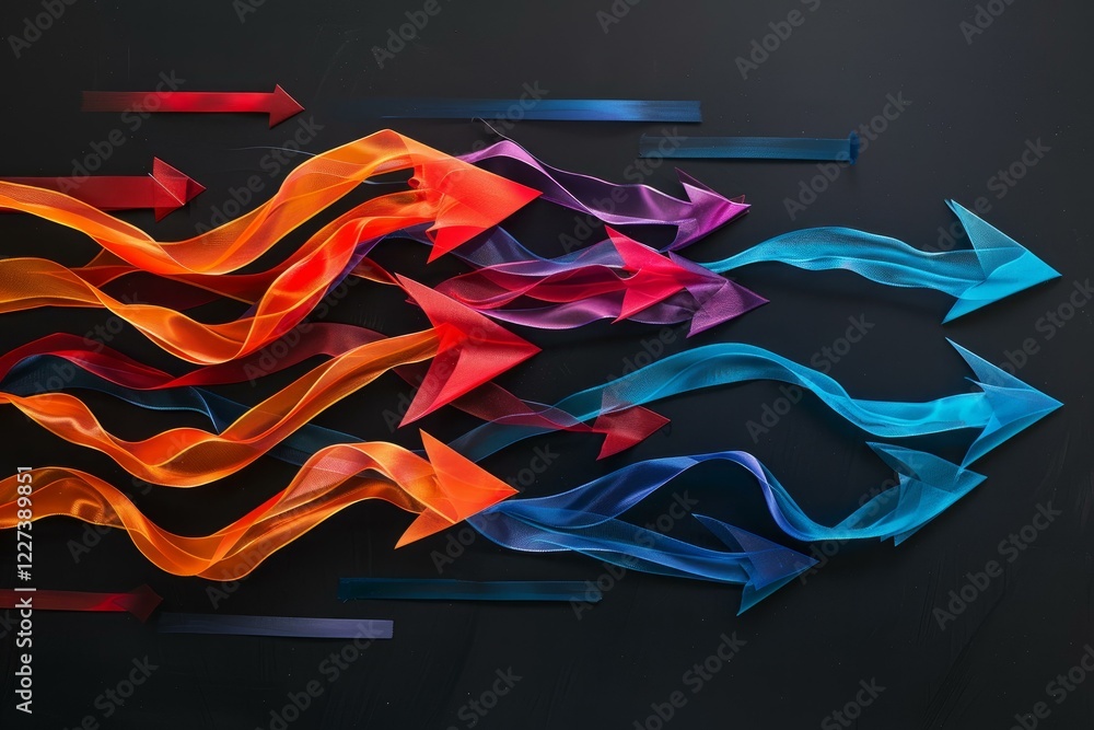 Poster group of colorful translucent arrows are flying in the same direction over a dark background