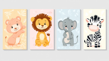 Cute cartoon animals set - bear lion elephant zebra on colorful backgrounds