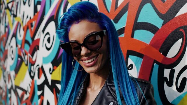 Fashionable woman with vibrant blue hair and trendy sunglasses stands against a colorful graffiti wall, exuding confidence and urban style