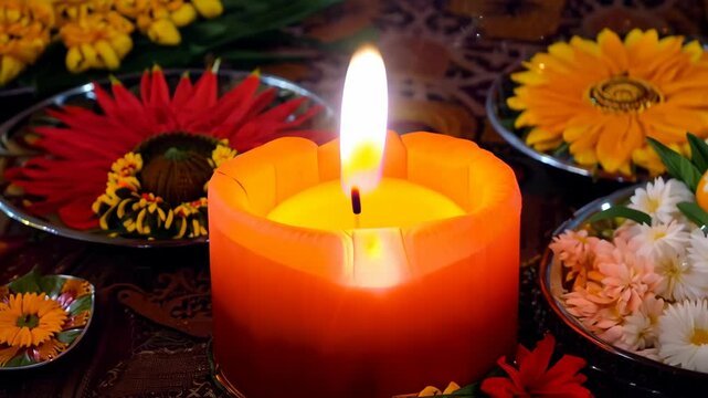 Kali Puja Power with Diya Lamps and Marigold Flowers