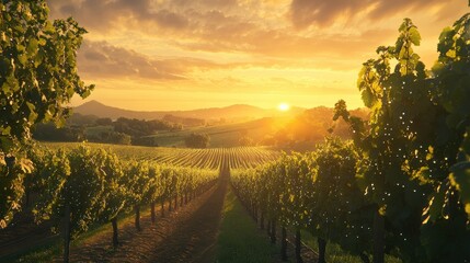 Fototapeta premium Sunset vineyard exploration wine country scenic landscape nature wide angle tranquility