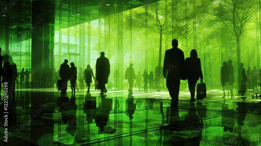 Poster silhouetted commuters walking through a modern green-tinted terminal with reflections and trees