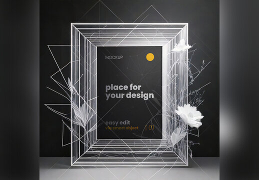 Poster Page Frame Mockup Line Composition with Flowers Art Deco