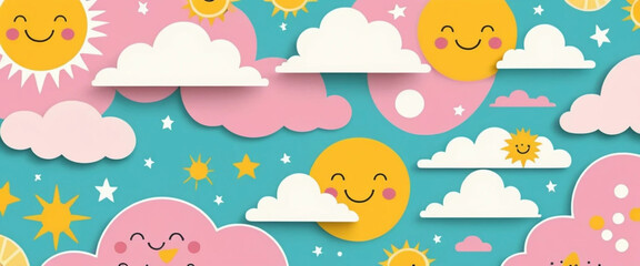 Happy Smiling Suns and Fluffy Clouds Pastel Sky Childrens Illustration Bright Cheerful Fun Cartoon Background Design for Kids Room Decor Nursery Wall 