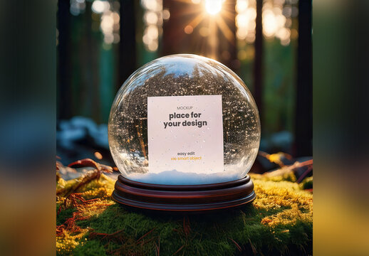 Poster Page Mockup inside Snowball Glass on Moss with Morning Light