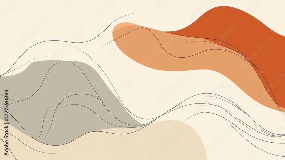 Fototapete Abstract composition of flowing shapes and lines in warm and neutral tones on a textured background. Generative AI