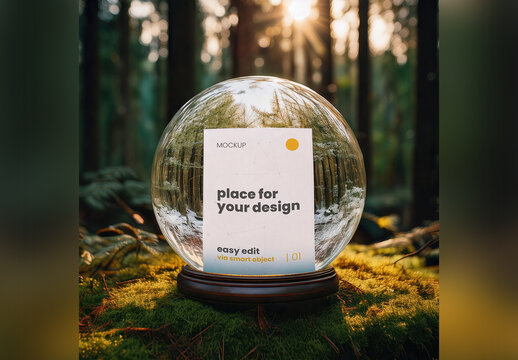 Poster Page Mockup inside Snowball Glass on the Woods Moss Morning Light