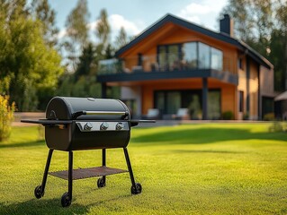 A barbecue grill stands on a green lawn, with a beautiful house against the background,