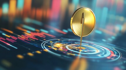 Obraz premium A golden arrow targeting the center of a shimmering target, with vibrant charts and graphs in the background, representing marketing excellence and success, clean and modern aesthetic