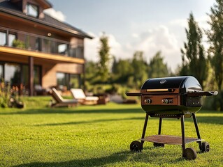 A barbecue grill stands on a green lawn, with a beautiful house against the background,