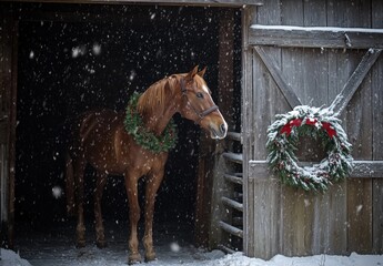 A horse is standing in a barn with a wreath on its head