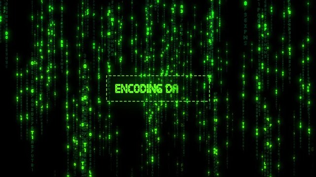 Digital Data Encoding with Green Matrix Code Rain and Text Message on Black Background, Cyber Security, Or Futuristic Technology, Advanced Computing.