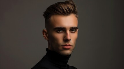 Naklejka premium A young man in a black turtleneck looks at the camera.