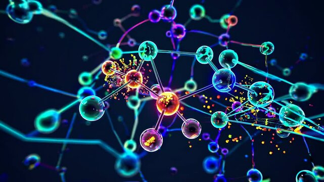 Colorful atoms and molecules are bonding together, forming complex structures and creating new materials, a concept in chemistry, physics, and materials science